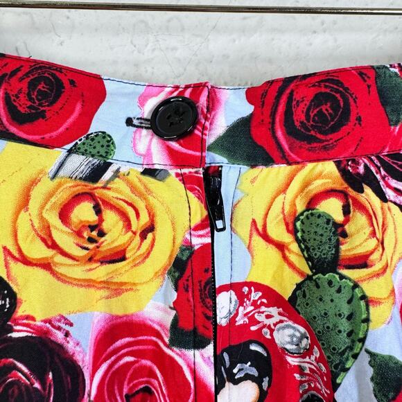 HELL BUNNY Skirt Small Dias De Los Muertos Roses A-Line Rockabilly Full Sweep - Picture 7 of 14